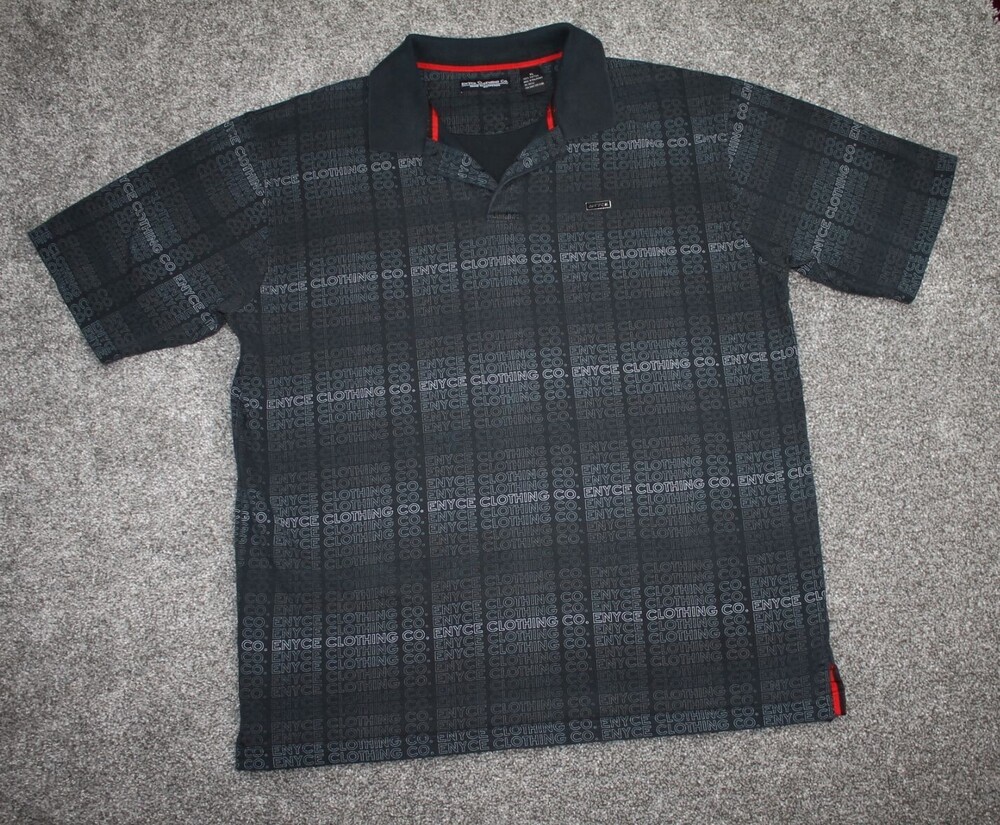 Vintage ENYCE Shirt Men XL Black Grey Spell Out Striped Polo Quality Cotton